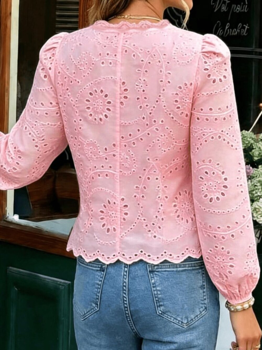 Pink Casual Women's Embroidered Blouse with Lace Trim, Ruched Waist, Cuff Sleeve - Picture 5 of 5